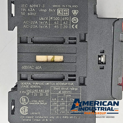 ABB OT45E3 3-pole 63A 600VAC non-fusible disconnect switch for motor control and industrial electrical applications