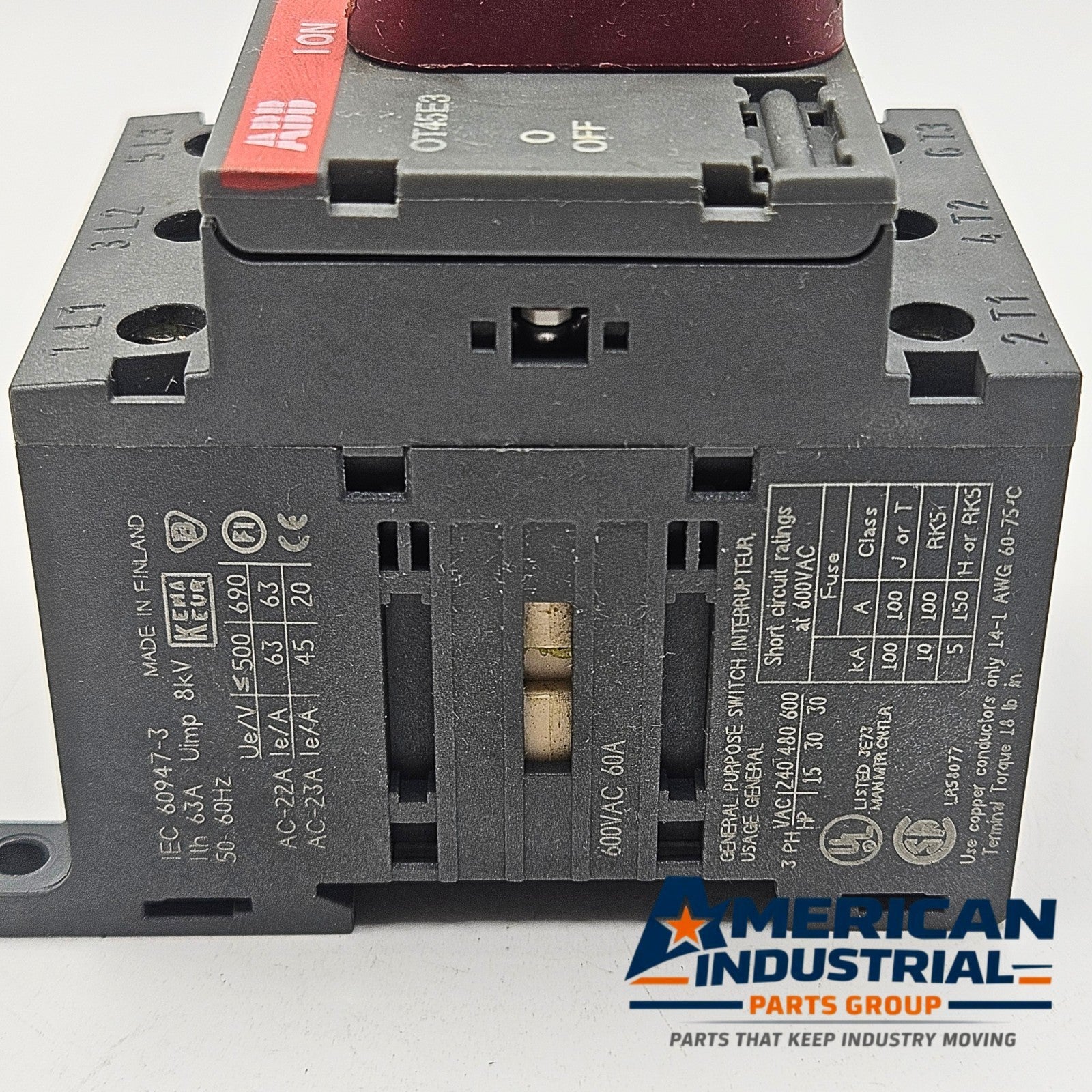 ABB OT45E3 3-pole 63A 600VAC non-fusible disconnect switch for motor control and industrial electrical applications