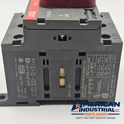 ABB OT45E3 3-pole 63A 600VAC non-fusible disconnect switch for motor control and industrial electrical applications