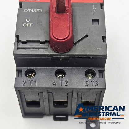 ABB OT45E3 3-pole 63A 600VAC non-fusible disconnect switch for motor control and industrial electrical applications