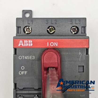 ABB OT45E3 3-pole 63A 600VAC non-fusible disconnect switch for motor control and industrial electrical applications
