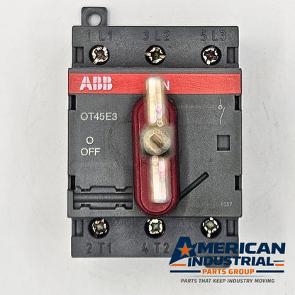 ABB OT45E3 3-pole 63A 600VAC non-fusible disconnect switch for motor control and industrial electrical applications