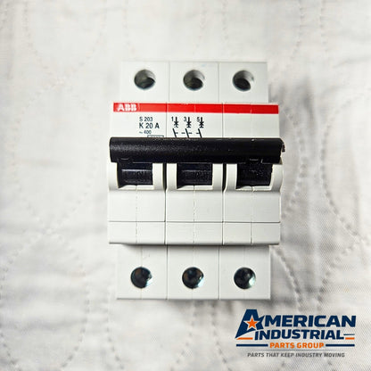 ABB S203-K20A circuit breaker for industrial automation MRO electrical panel use. American Industrial Parts Group.