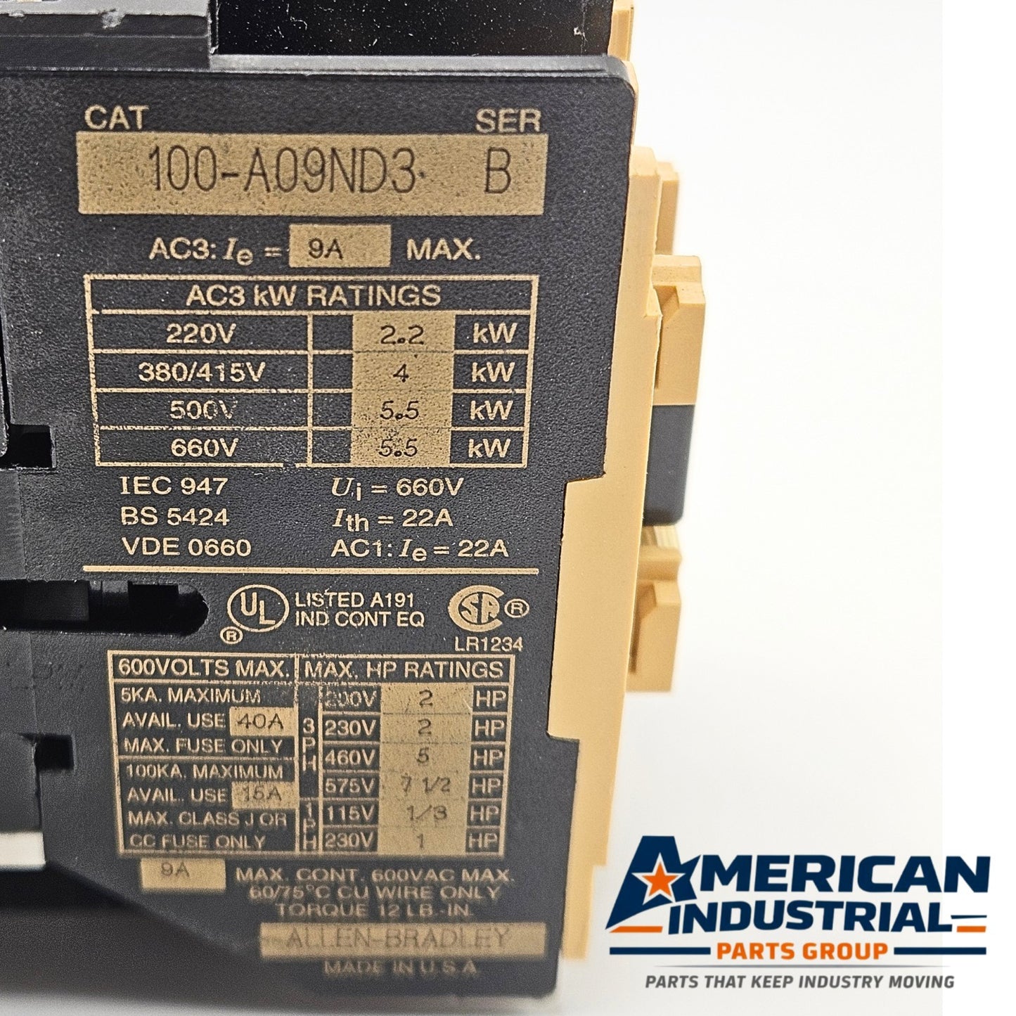 Allen-Bradley 100-A09ND3 Series B IEC contactor 120VAC coil 9A 3-pole for motor control and industrial automation systems