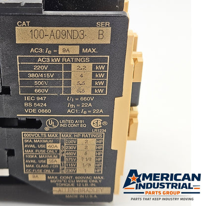 Allen-Bradley 100-A09ND3 Series B IEC contactor 120VAC coil 9A 3-pole for motor control and industrial automation systems