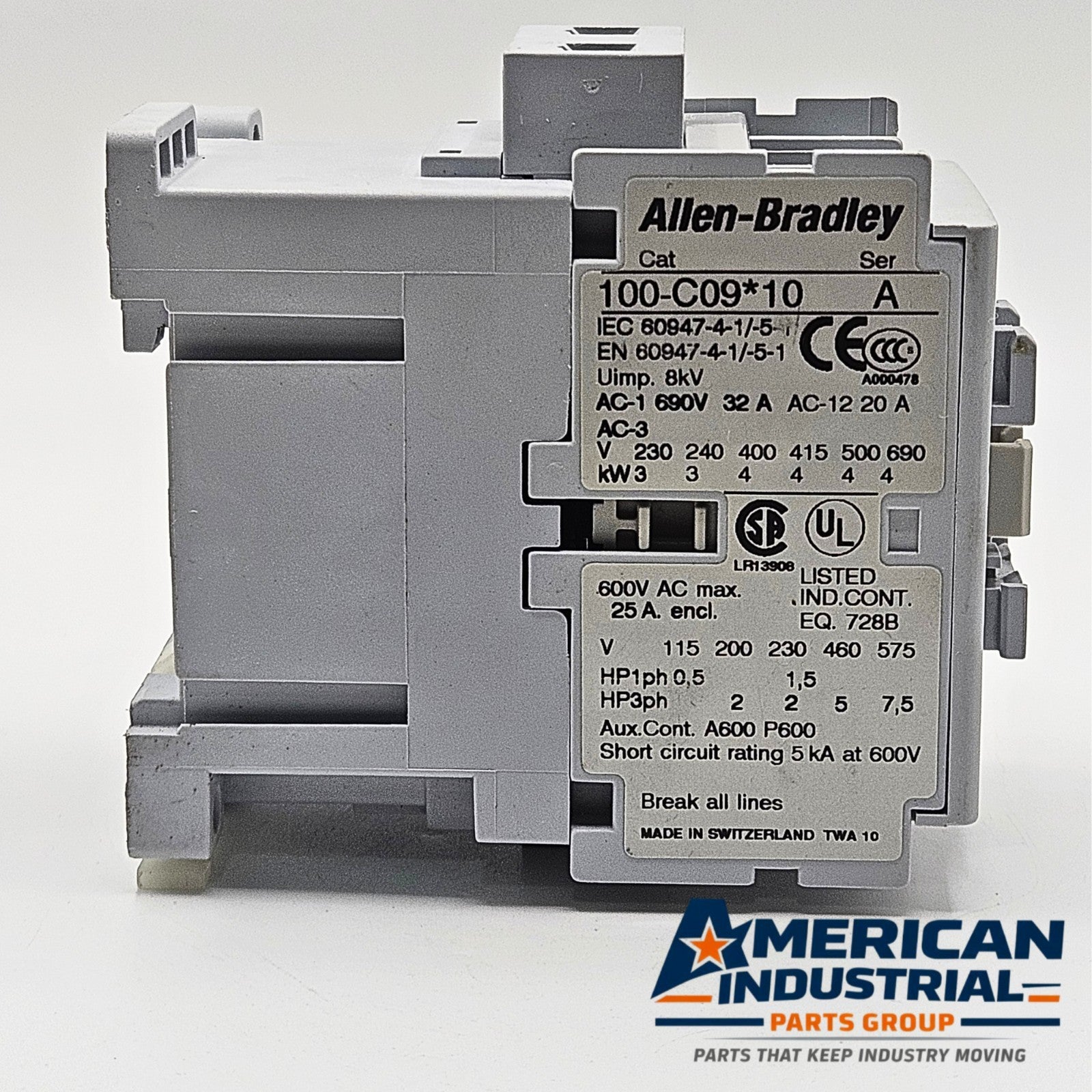 Allen-Bradley 100-C09D10 120VAC coil contactor for industrial automation and MRO motor control applications. American Industrial Parts Group.