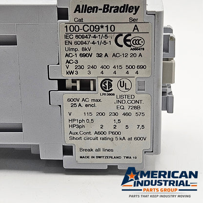 Allen-Bradley 100-C09D10 contactor for industrial automation and MRO motor control applications. American Industrial Parts Group.