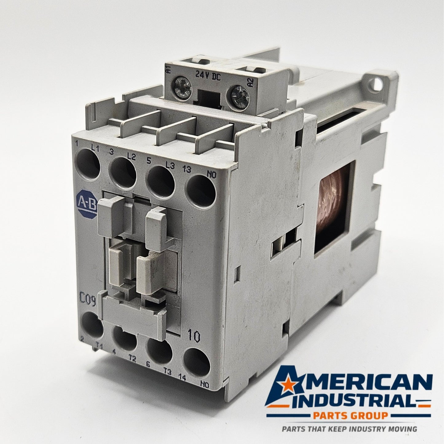 Allen-Bradley 100-C09Z10 3 pole contactor for MRO motor control applications. American Industrial Parts Group.