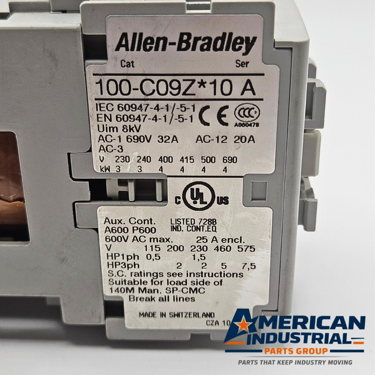Allen-Bradley 100-C09Z10 IEC contactor used in control panel equipment. American Industrial Parts Group.
