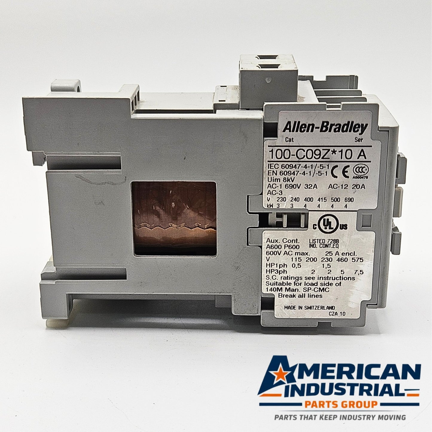 Allen-Bradley 100-C09Z10 9A contactor for factory automation equipment. American Industrial Parts Group.