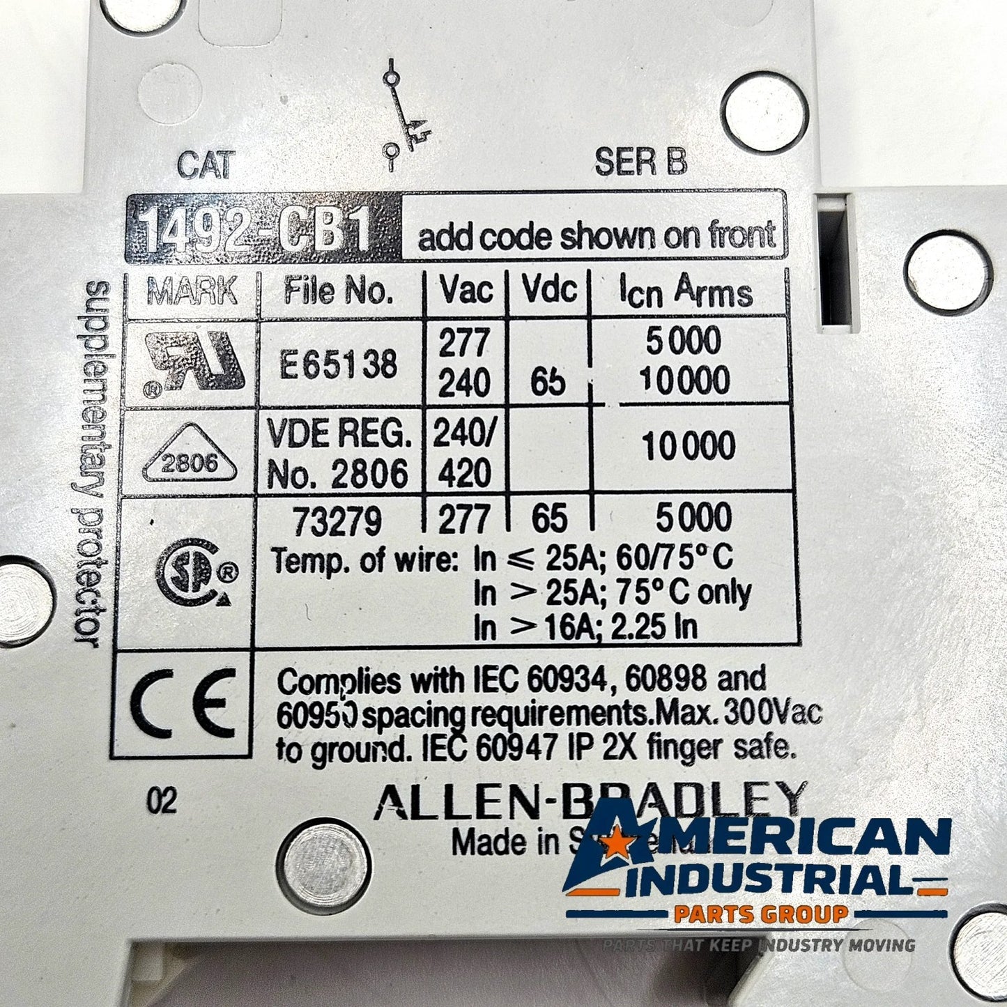 Allen-Bradley 1492-CB1-G010 Series B 1-pole 1A miniature circuit breaker 480Y/277V DIN rail for industrial control panels