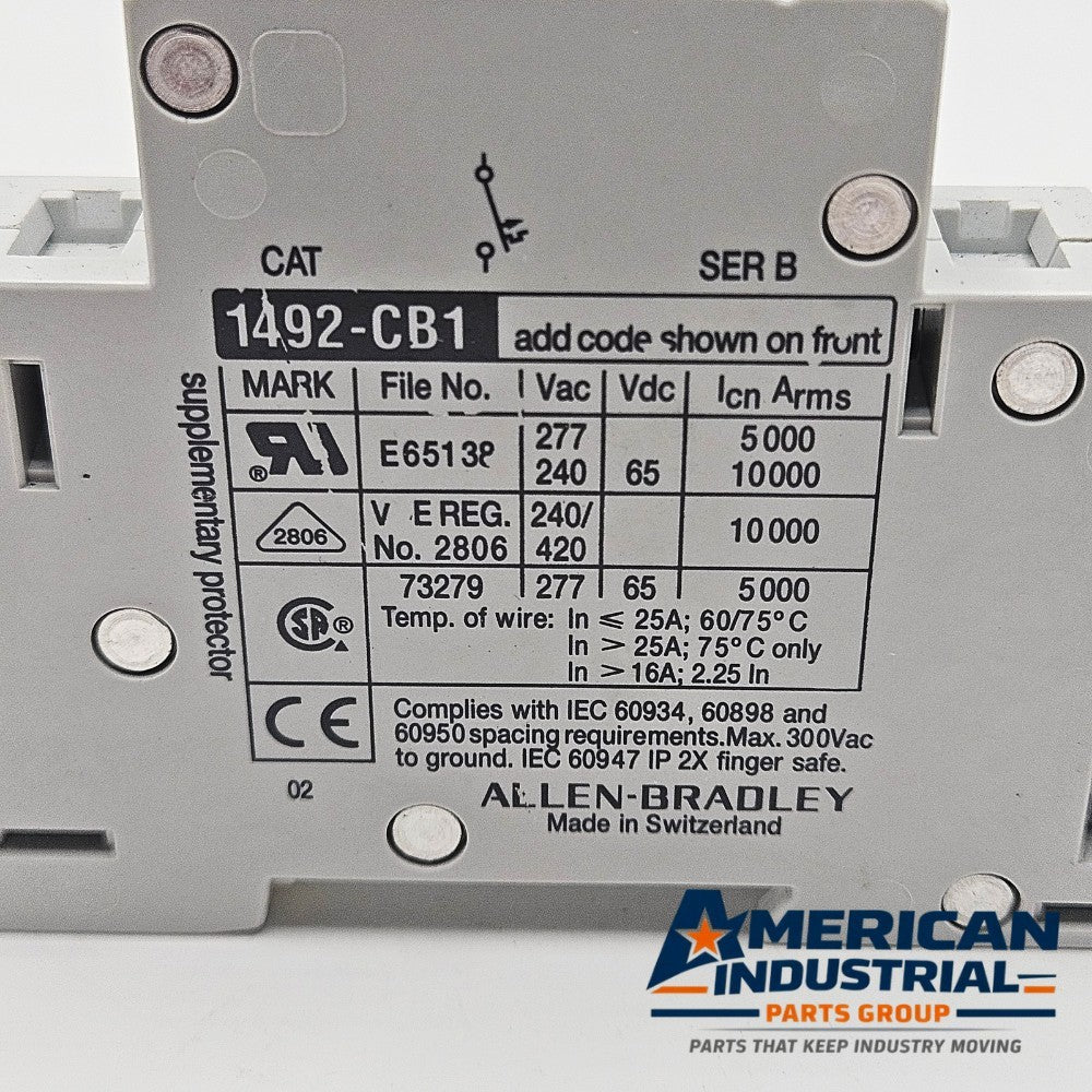 Allen-Bradley 1492-CB1-G020 Series B 1-pole 2A miniature circuit breaker 480Y/277V DIN rail for industrial control panels