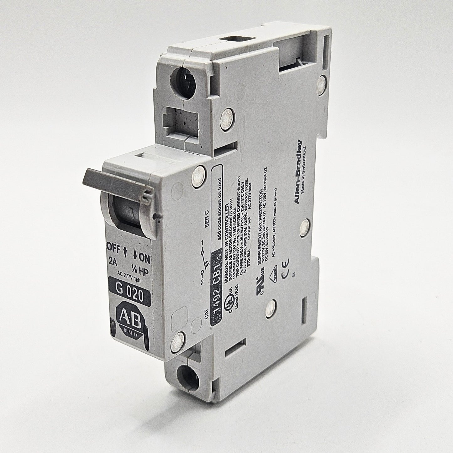 Allen-Bradley 1492-CB1-G020 Series C 1-pole 2A 1/6 HP miniature circuit breaker 480Y/277V DIN rail for industrial control panels