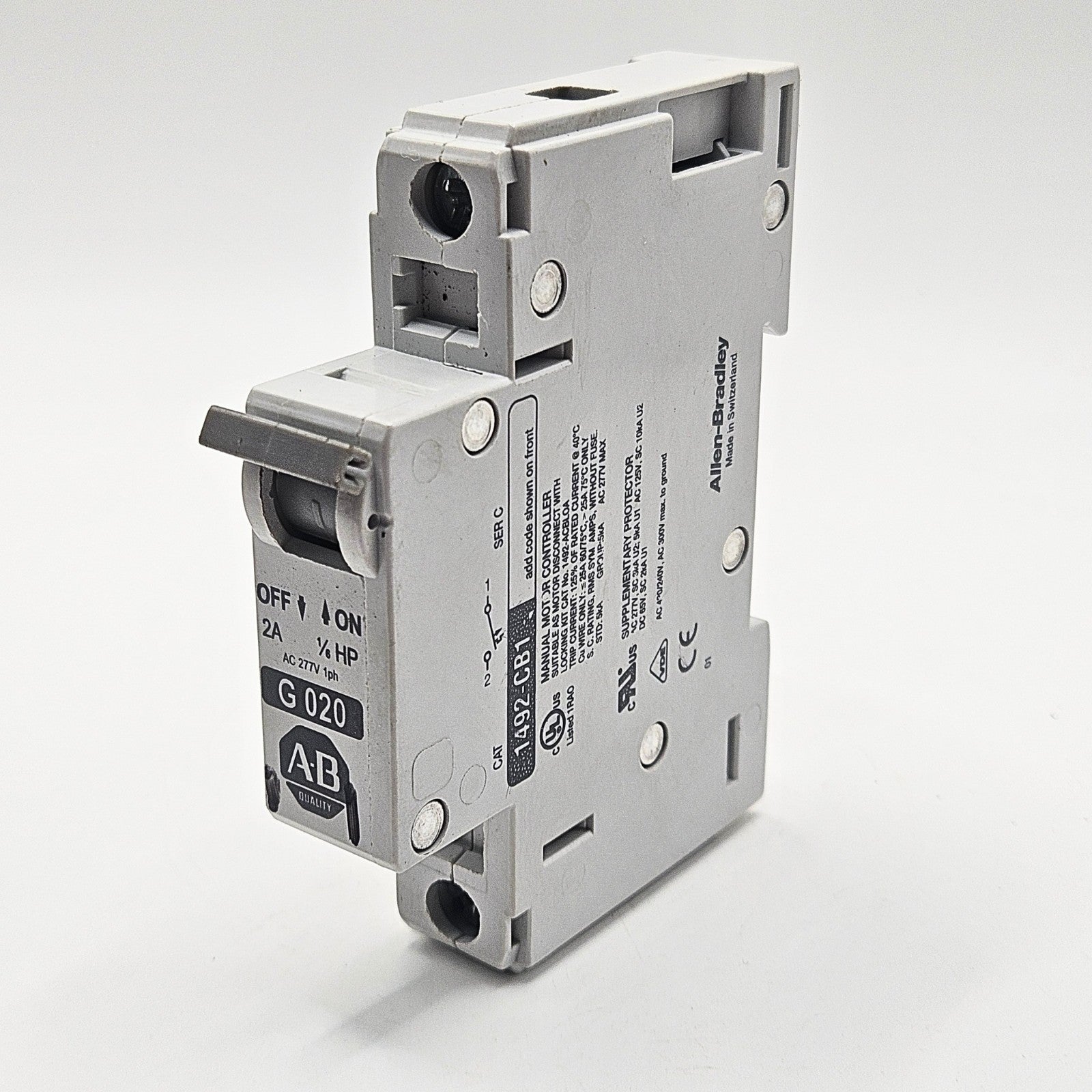 Allen-Bradley 1492-CB1-G020 Series C 1-pole 2A 1/6 HP miniature circuit breaker 480Y/277V DIN rail for industrial control panels