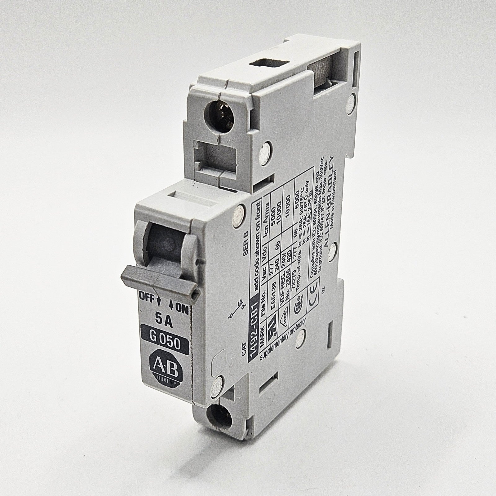 Allen-Bradley 1492-CB1-G050 Series B 1-pole 5A miniature circuit breaker 480Y/277V DIN rail for industrial control panels