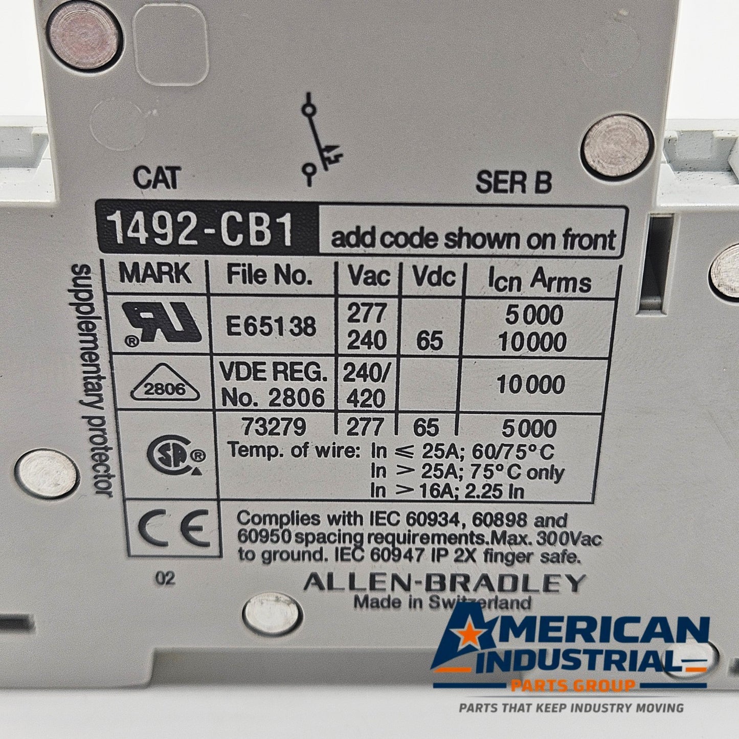 Allen-Bradley 1492-CB1-G050 Series B 1-pole 5A miniature circuit breaker 480Y/277V DIN rail for industrial control panels