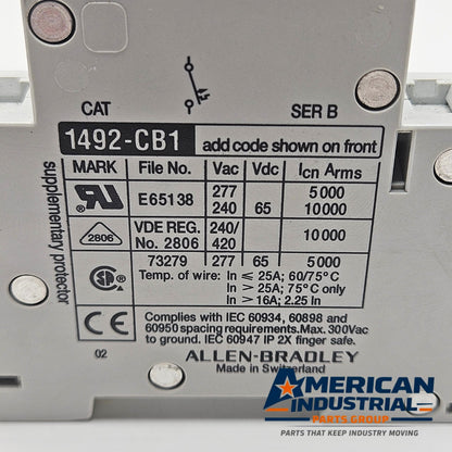 Allen-Bradley 1492-CB1-G050 Series B 1-pole 5A miniature circuit breaker 480Y/277V DIN rail for industrial control panels