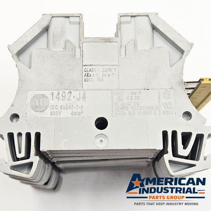 Allen-Bradley 1492-J4 35A terminal block for MRO electrical applications. American Industrial Parts Group.