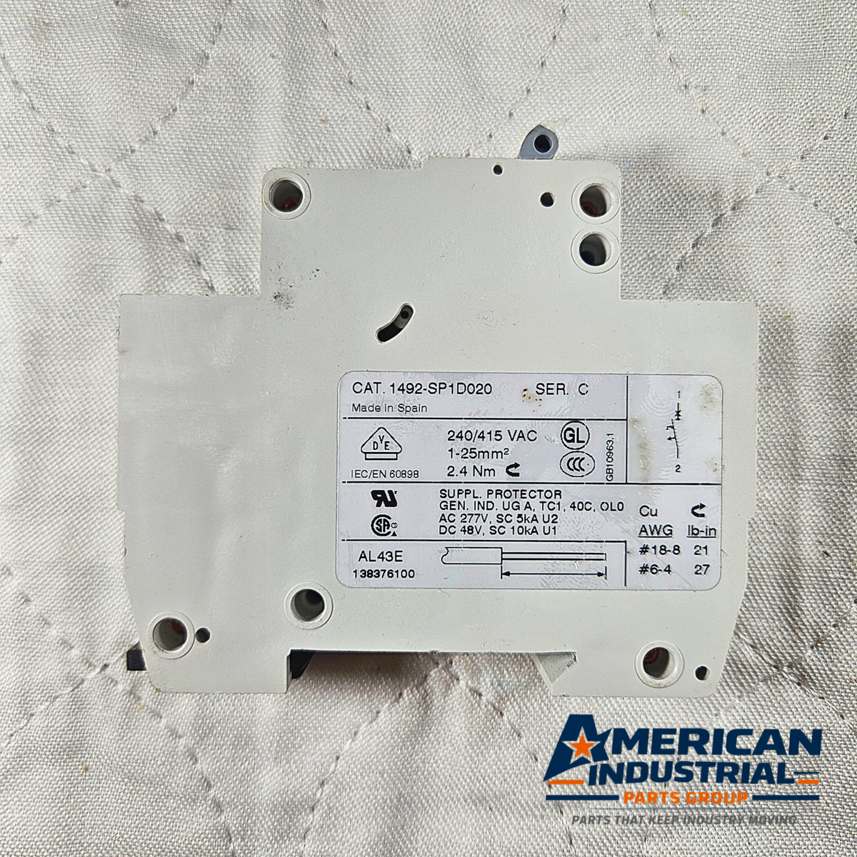 Allen-Bradley 1492-SP1D020 miniature circuit breaker 2A 1-pole D curve DIN rail for industrial electrical panels and MRO applications