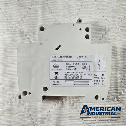 Allen-Bradley 1492-SP1D020 miniature circuit breaker 2A 1-pole D curve DIN rail for industrial electrical panels and MRO applications