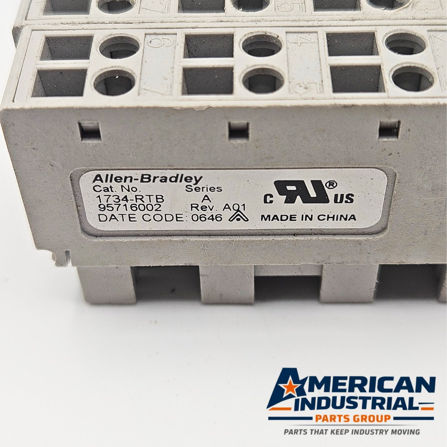 Allen-Bradley 1734-RTB relay terminal block used in POINT I/O automation systems. American Industrial Parts Group.