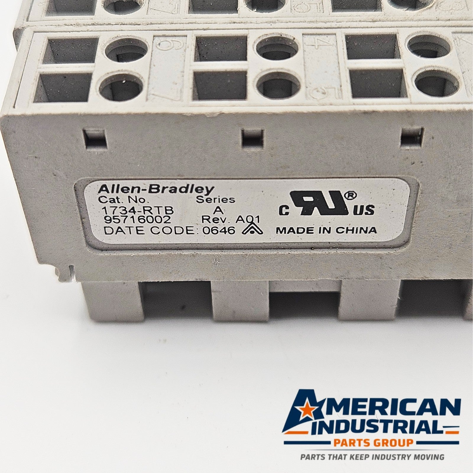 Allen-Bradley 1734-RTB relay terminal block used in POINT I/O automation systems. American Industrial Parts Group.