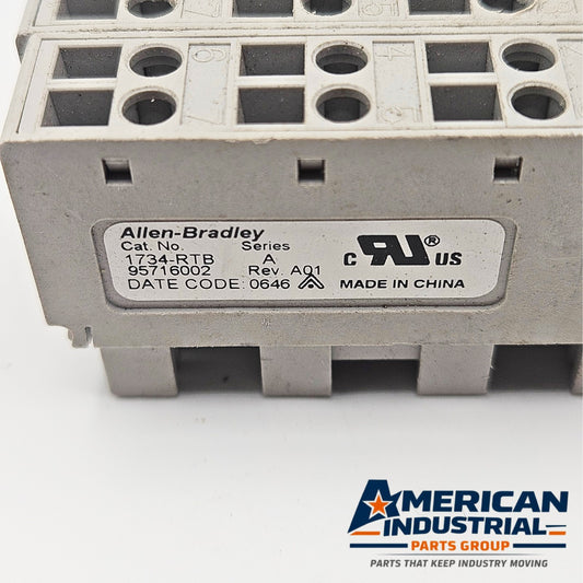 Allen-Bradley 1734-RTB relay terminal block used in POINT I/O automation systems. American Industrial Parts Group.