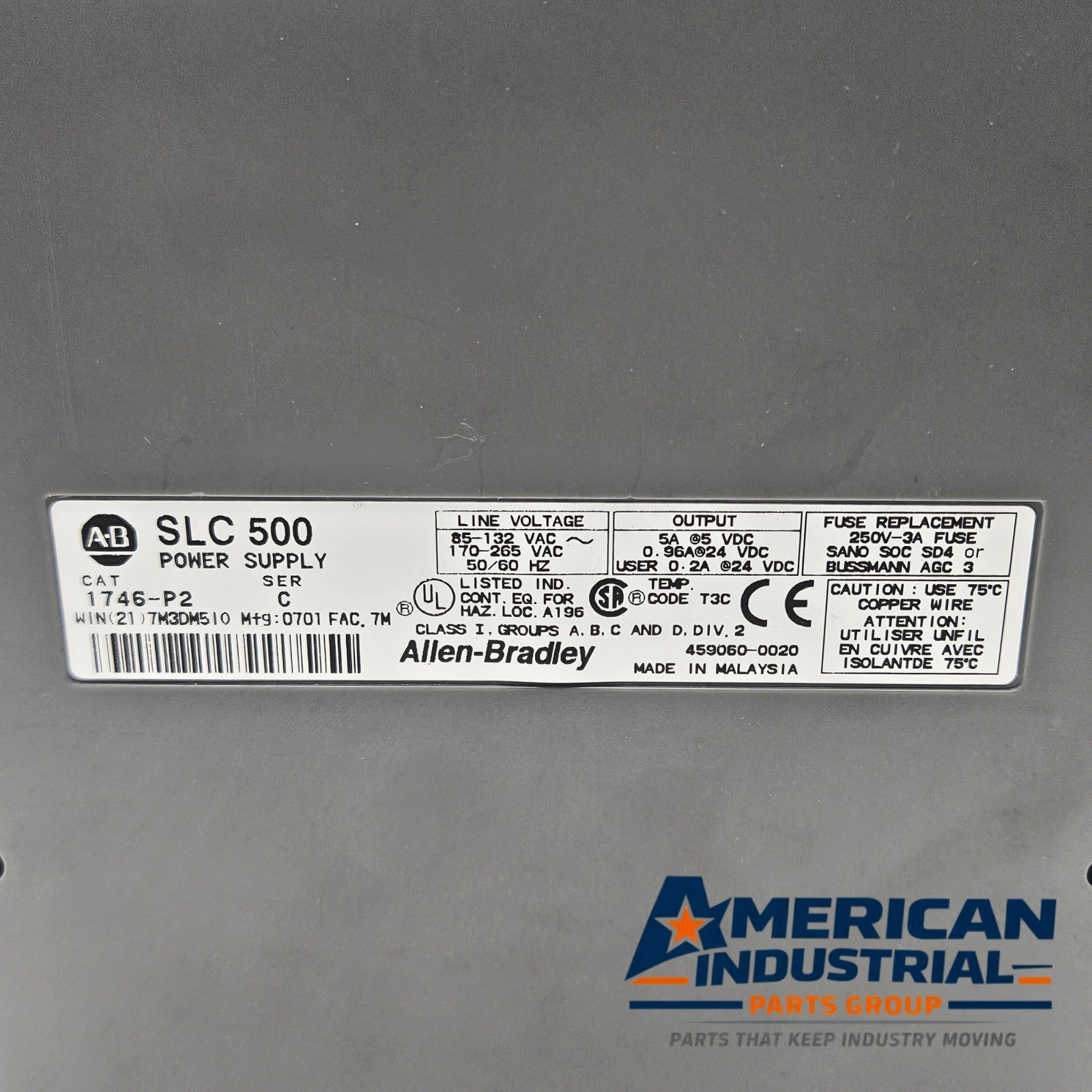 Allen-Bradley 1746-P2 SLC 500 rack power supply for PLC automation systems and control panels