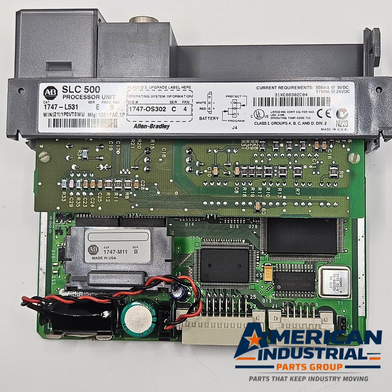 Allen-Bradley 1747-L531 SLC 500 PLC CPU with 1747-M11 memory module for industrial automation systems and MRO replacement stock