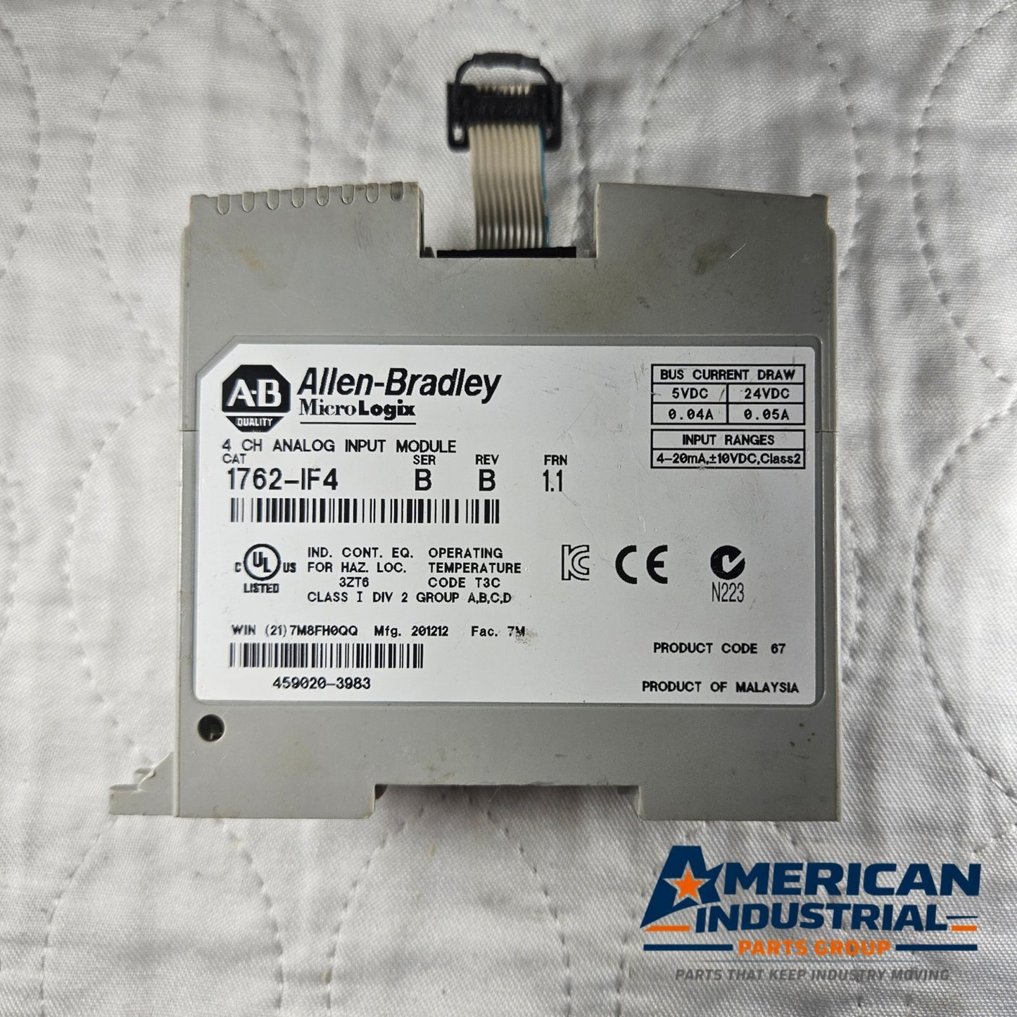 Allen-Bradley 1762-IF4 MicroLogix input module for MRO control applications. American Industrial Parts Group.