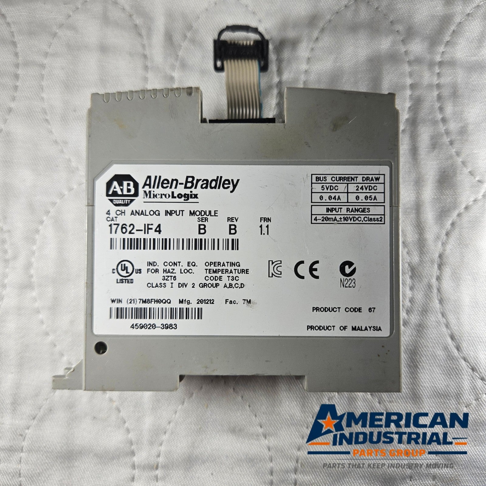 Allen-Bradley 1762-IF4 MicroLogix input module for MRO control applications. American Industrial Parts Group.