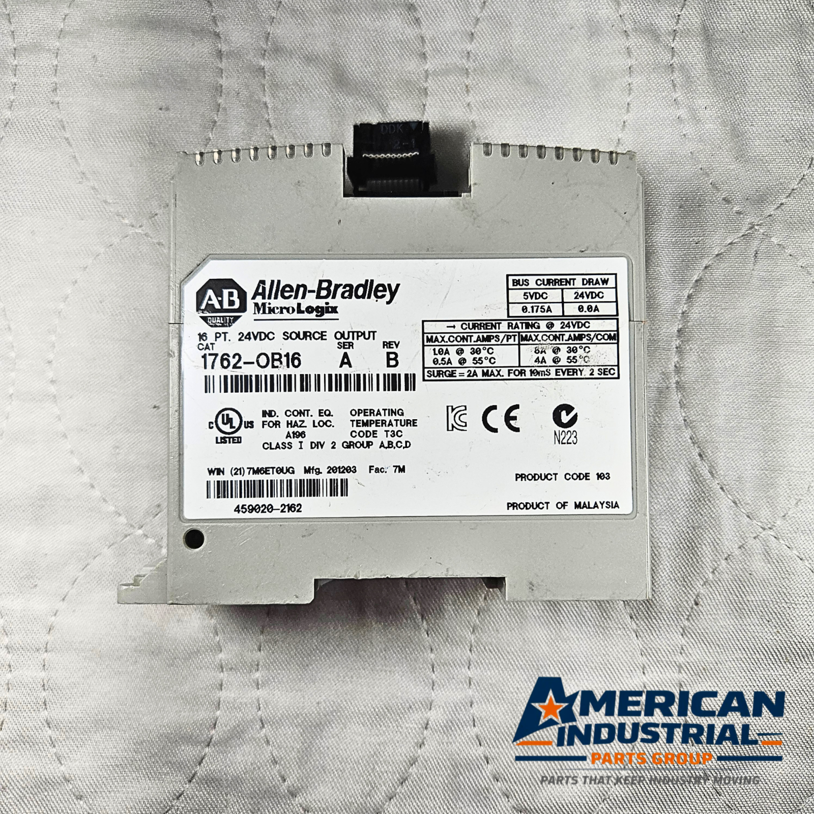 Allen-Bradley 1762-OB16 digital output module for industrial automation and MRO applications. American Industrial Parts Group.