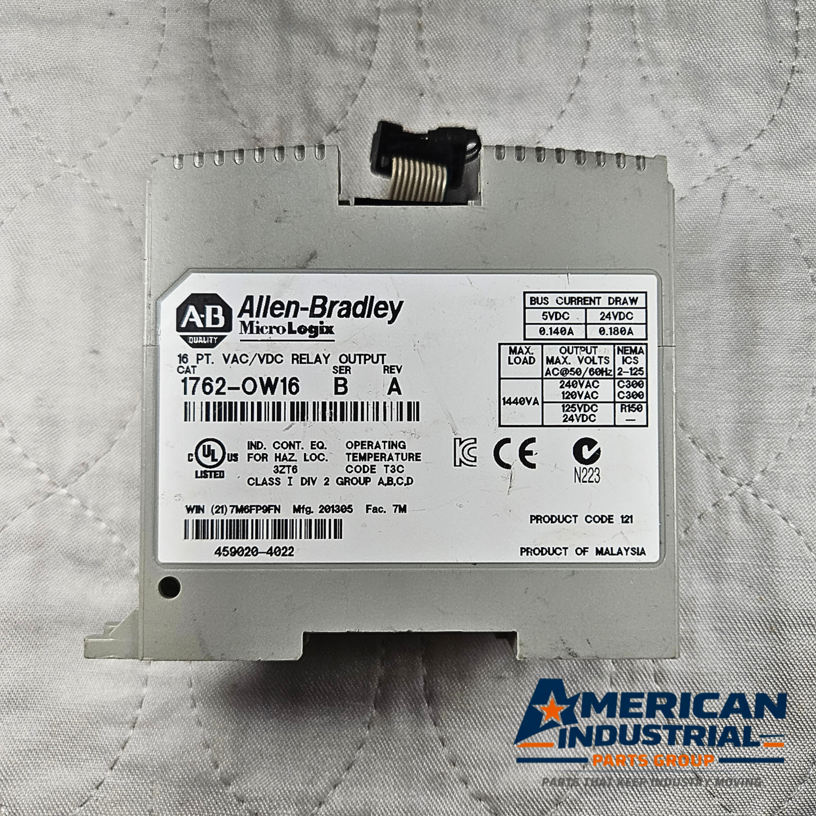 Allen-Bradley 1762-OW16 Digital Output Module industrial automation/MRO PLC output module component. American Industrial Parts Group.