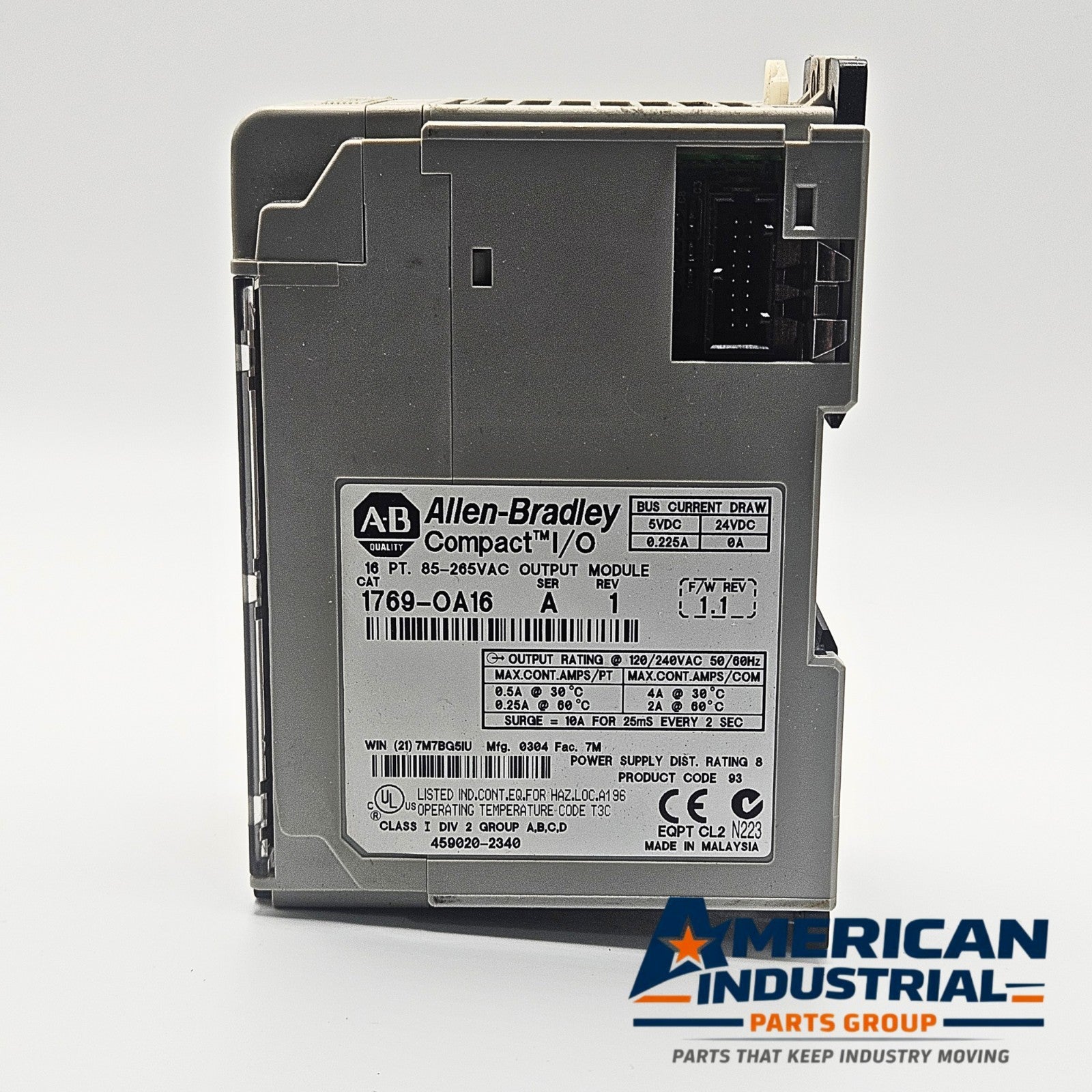 Allen-Bradley 1769-OA16 Compact I/O AC output module front view, industrial automation MRO PLC control component. American Industrial Parts Group.