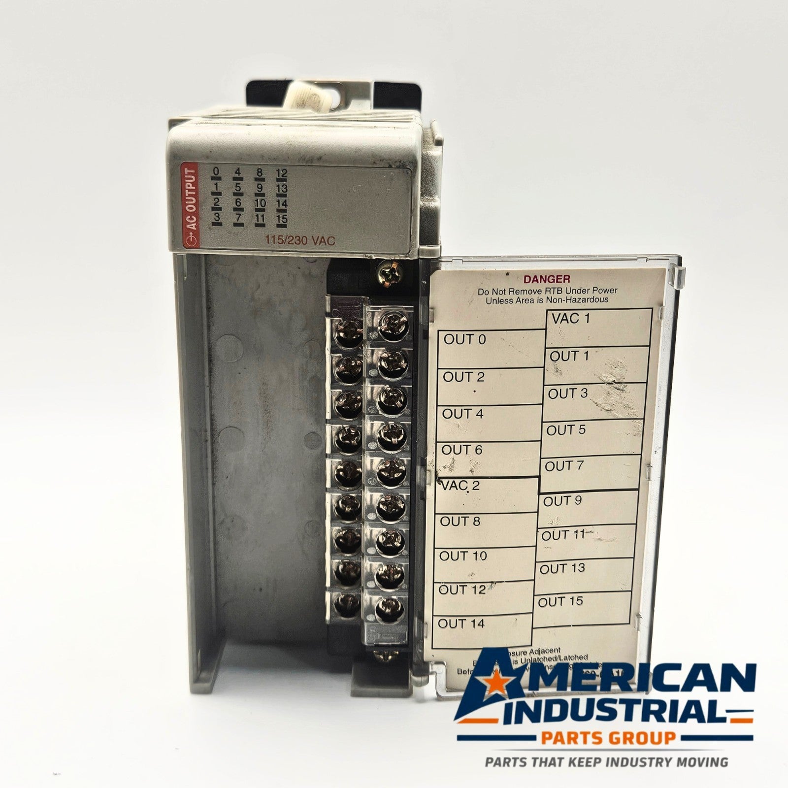 Allen-Bradley 1769-OA16 Compact I/O 16 point AC output module gallery view, industrial automation MRO PLC output component. American Industrial Parts Group.