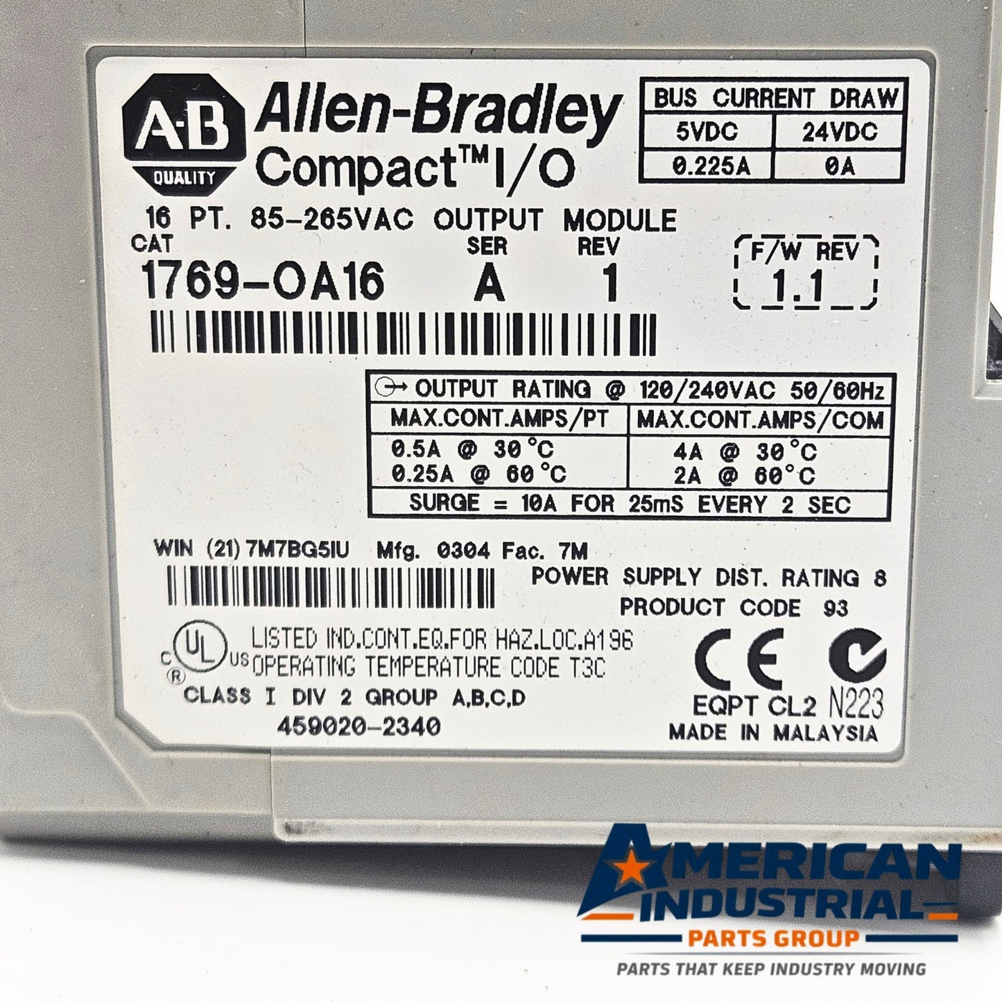 Allen-Bradley 1769-OA16 Compact I/O AC output module label detail, industrial automation MRO PLC output module. American Industrial Parts Group.