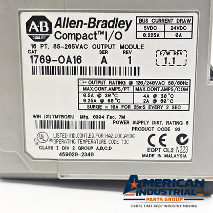 Allen-Bradley 1769-OA16 Compact I/O AC output module label detail, industrial automation MRO PLC output module. American Industrial Parts Group.