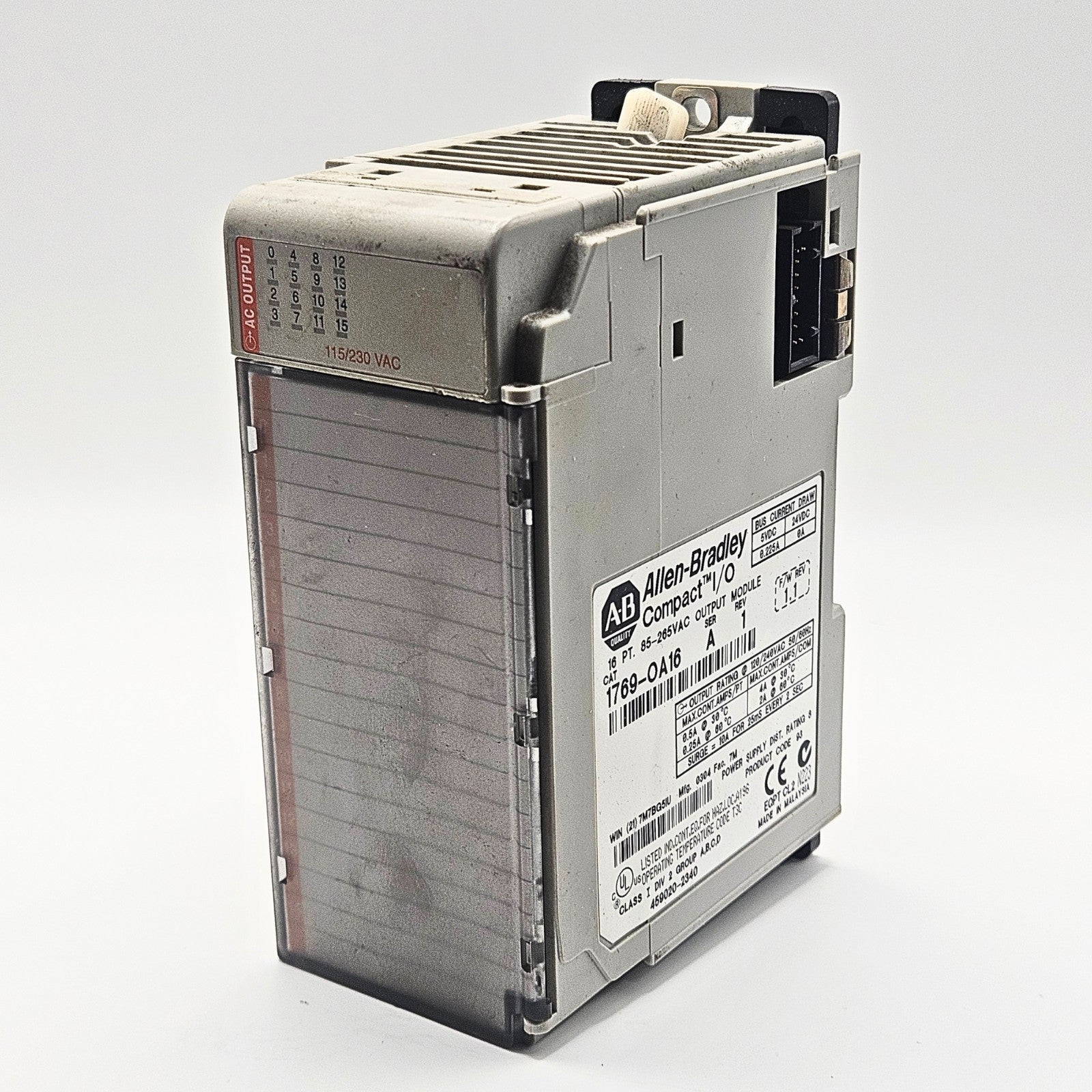 Allen-Bradley 1769-OA16 Compact I/O 16 point AC output module overview, industrial automation MRO PLC output component. American Industrial Parts Group.