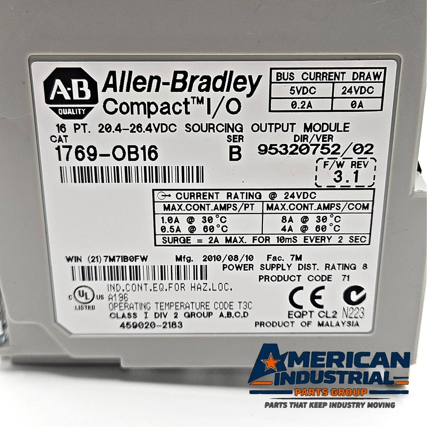 Allen-Bradley 1769-OB16 Series B Compact I/O 16-point 24VDC sourcing output module for CompactLogix PLC systems