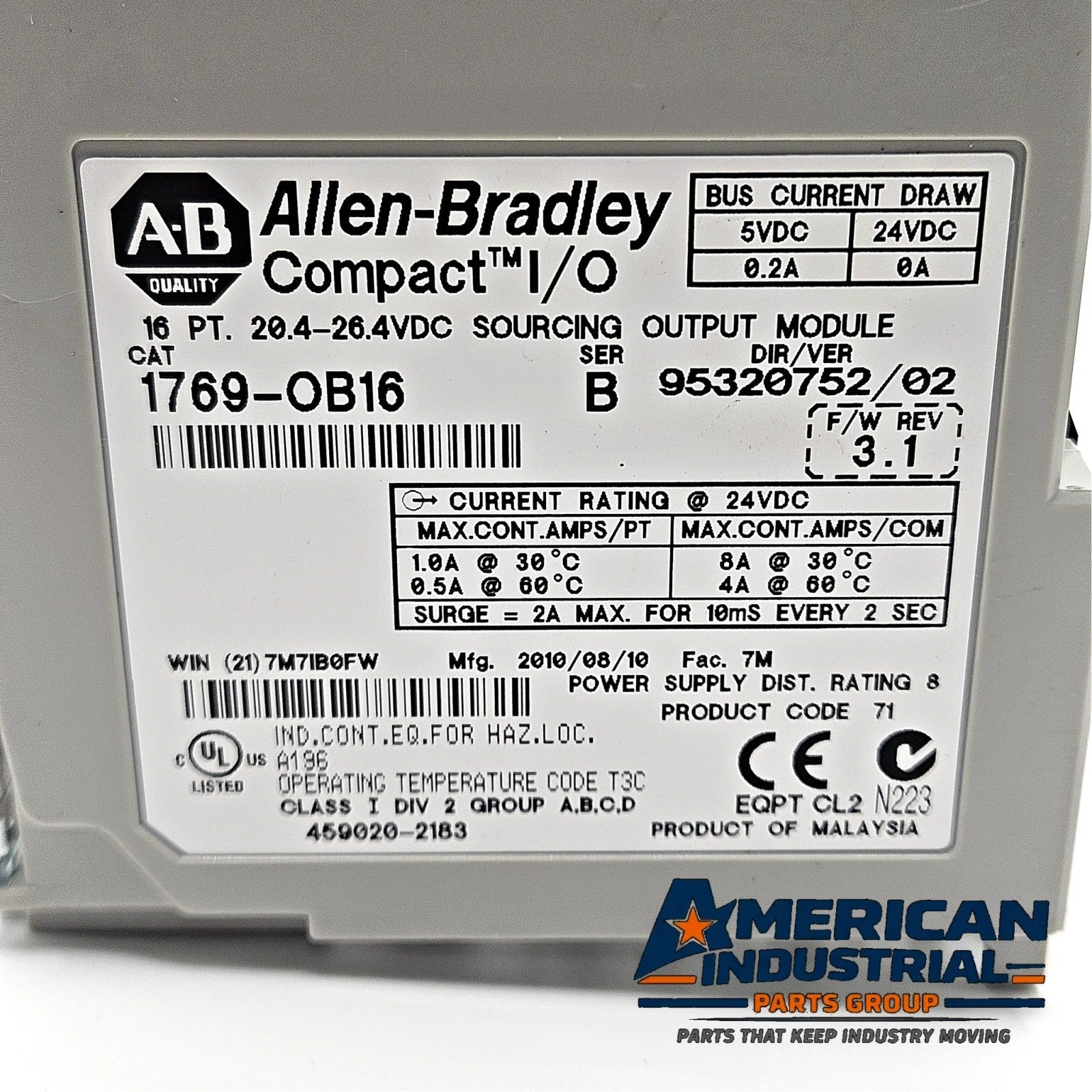 Allen-Bradley 1769-OB16 Series B Compact I/O 16-point 24VDC sourcing output module for CompactLogix PLC systems