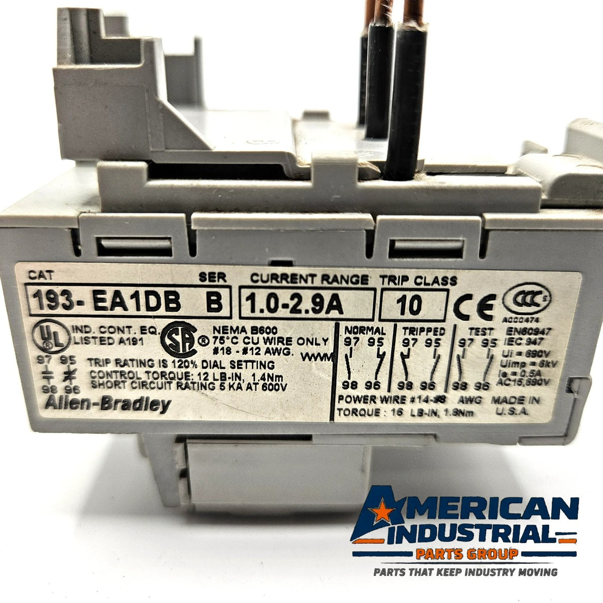 Allen-Bradley 193-EA1DB Series B electronic overload relay 1.0-2.9A Class 10 for motor control panels and MRO replacement