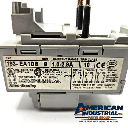 Allen-Bradley 193-EA1DB Series B electronic overload relay 1.0-2.9A Class 10 for motor control panels and MRO replacement