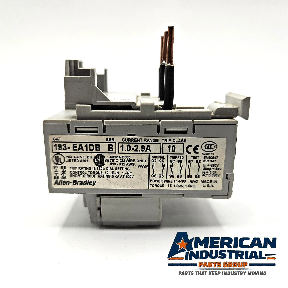 Allen-Bradley 193-EA1DB Series B electronic overload relay 1.0-2.9A Class 10 for motor control panels and MRO replacement