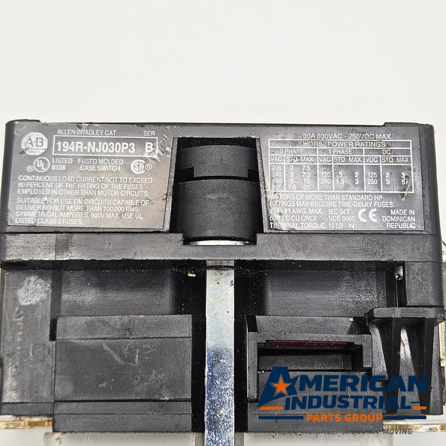 Allen-Bradley 194R-NJ030P3 fused disconnect switch for industrial automation and MRO applications. American Industrial Parts Group.