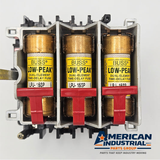 Allen-Bradley 194R-NJ030P3 fused molded case switch with Buss LPJ-15SP fuses for industrial electrical panels and motor disconnect applications