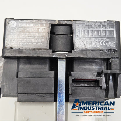 Allen-Bradley 194R-NJ030P3 fused molded case switch with Buss LPJ-15SP fuses for industrial electrical panels and motor disconnect applications