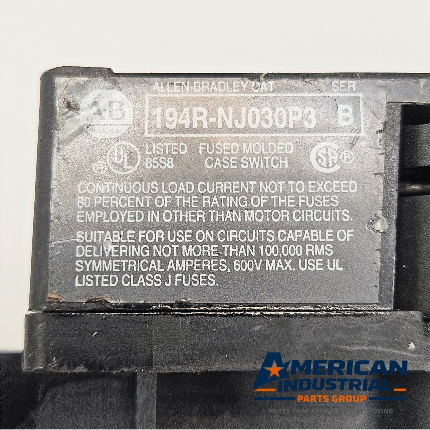 Allen-Bradley 194R-NJ030P3 fused molded case switch with Buss LPJ-15SP fuses for industrial electrical panels and motor disconnect applications