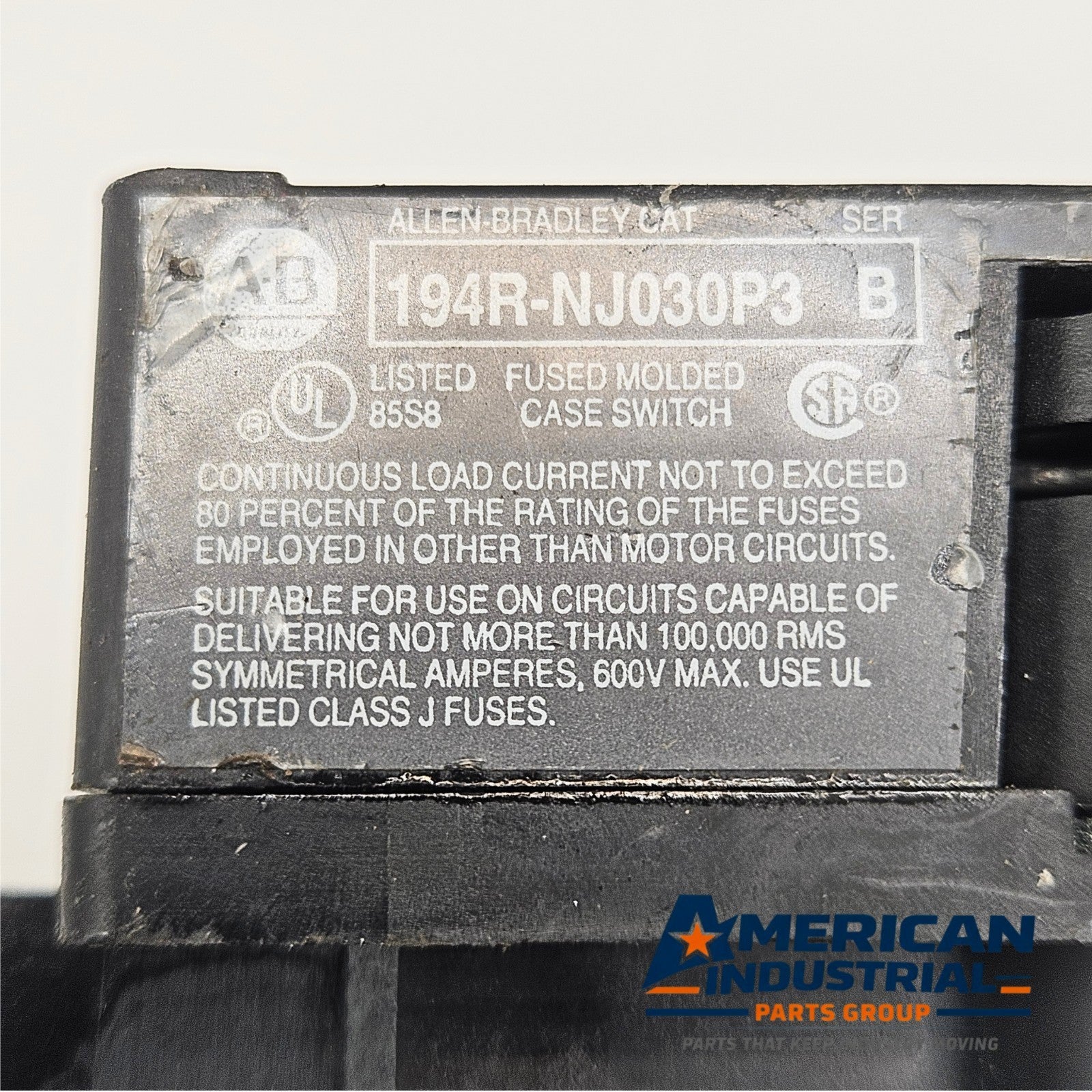 Allen-Bradley 194R-NJ030P3 fused molded case switch with Buss LPJ-15SP fuses for industrial electrical panels and motor disconnect applications