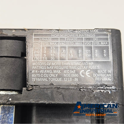 Allen-Bradley 194R-NJ030P3 fused molded case switch with Buss LPJ-15SP fuses for industrial electrical panels and motor disconnect applications