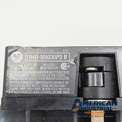 Allen-Bradley 194R-NN030P3 isolator label view for industrial automation and MRO panel applications. American Industrial Parts Group.